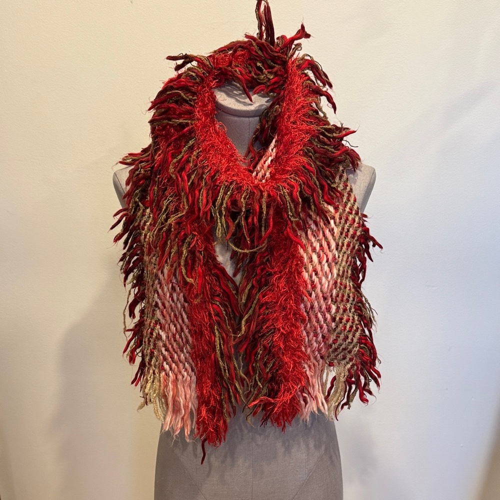 Elegant Red and Pink Fringed Scarf